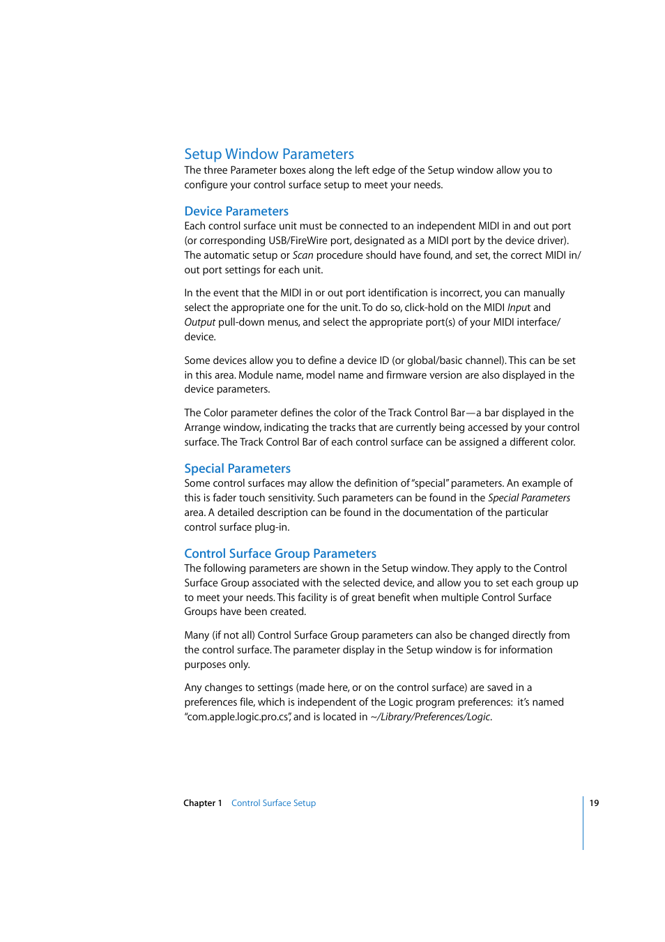 Setup window parameters, Device parameters, Special parameters | Control surface group parameters | Apple Logic 7 User Manual | Page 19 / 255