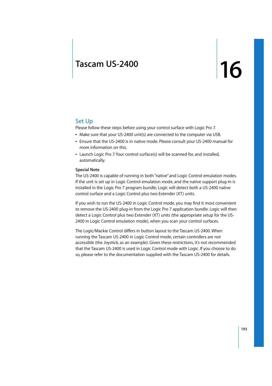 Tascam us-2400, Set up, Chapter 16 | Apple Logic 7 User Manual | Page 193 / 255