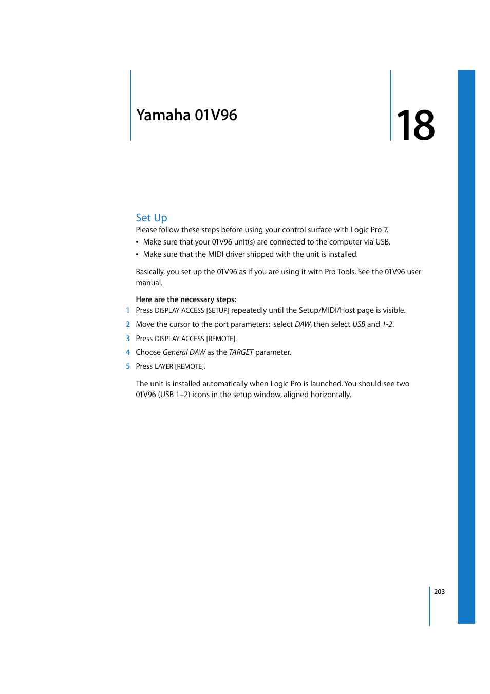 Yamaha 01v96, Set up, Chapter 18 | Apple Logic 7 User Manual | Page 203 / 255