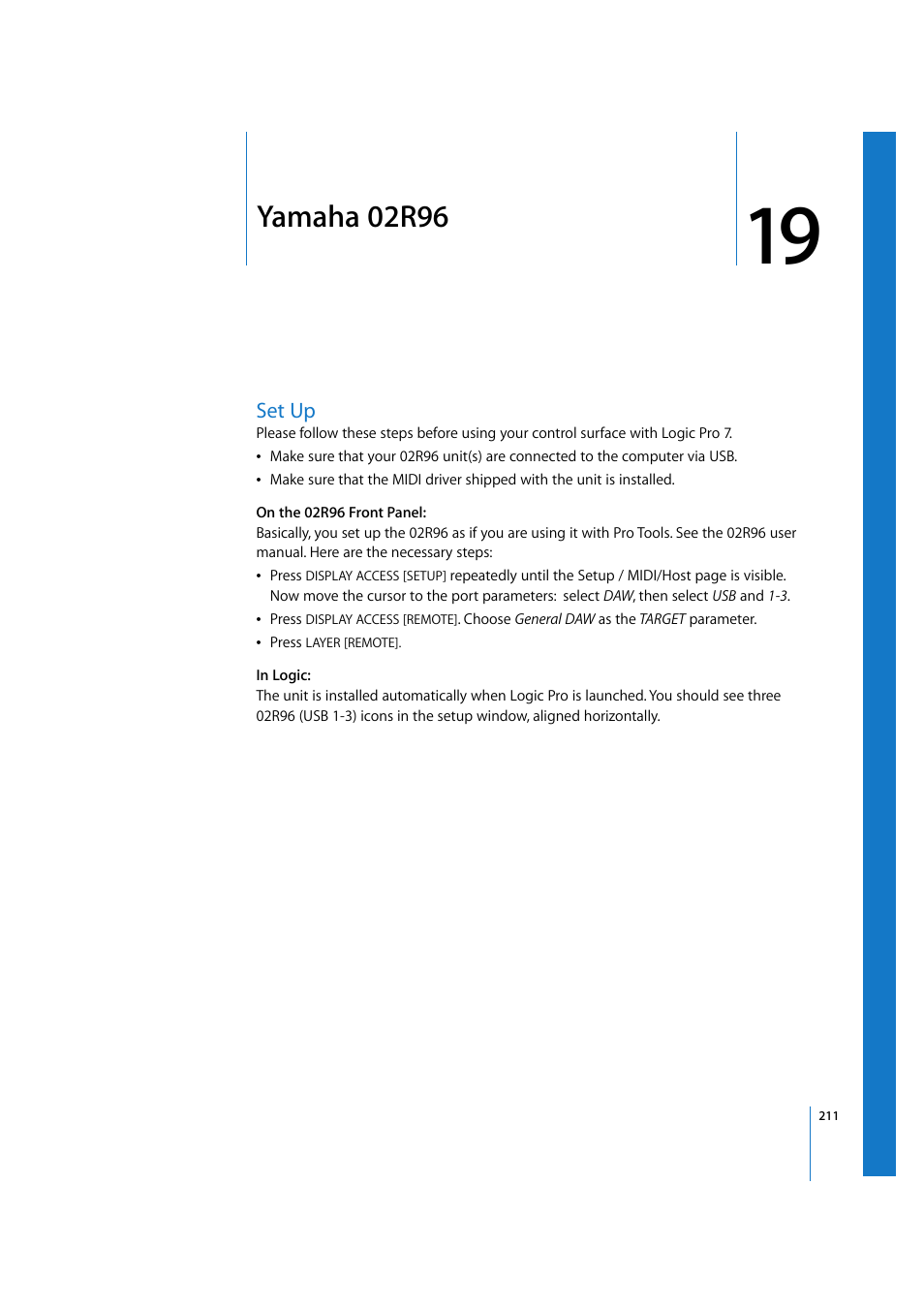 Yamaha 02r96, Set up, Chapter 19 | Apple Logic 7 User Manual | Page 211 / 255