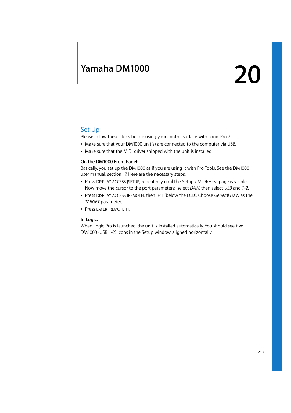 Yamaha dm1000, Set up, Chapter 20 | Apple Logic 7 User Manual | Page 217 / 255