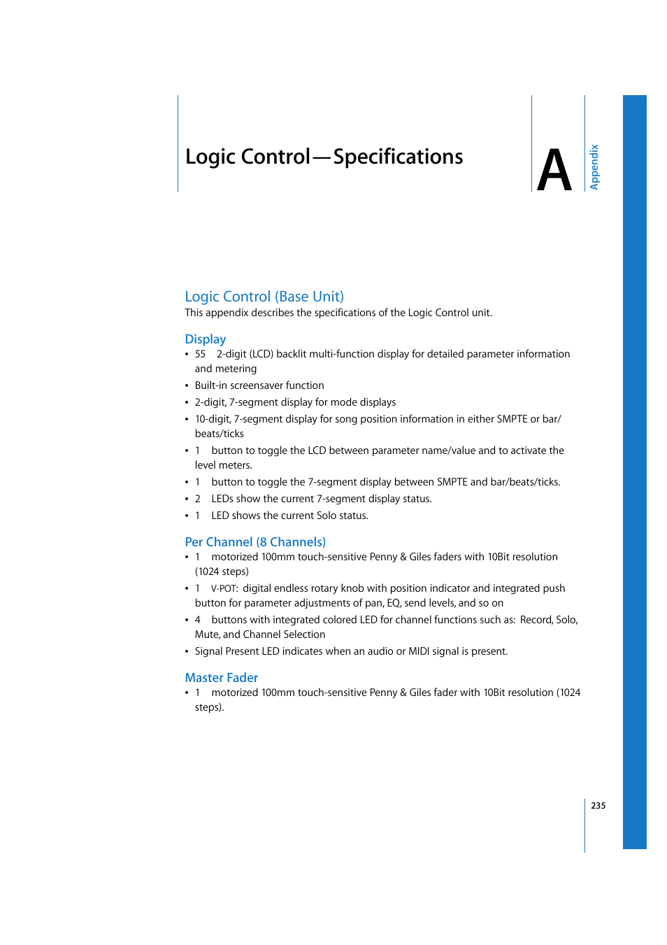 Logic control—specifications, Logic control (base unit), Display | Per channel (8 channels), Master fader, Appendix a | Apple Logic 7 User Manual | Page 235 / 255