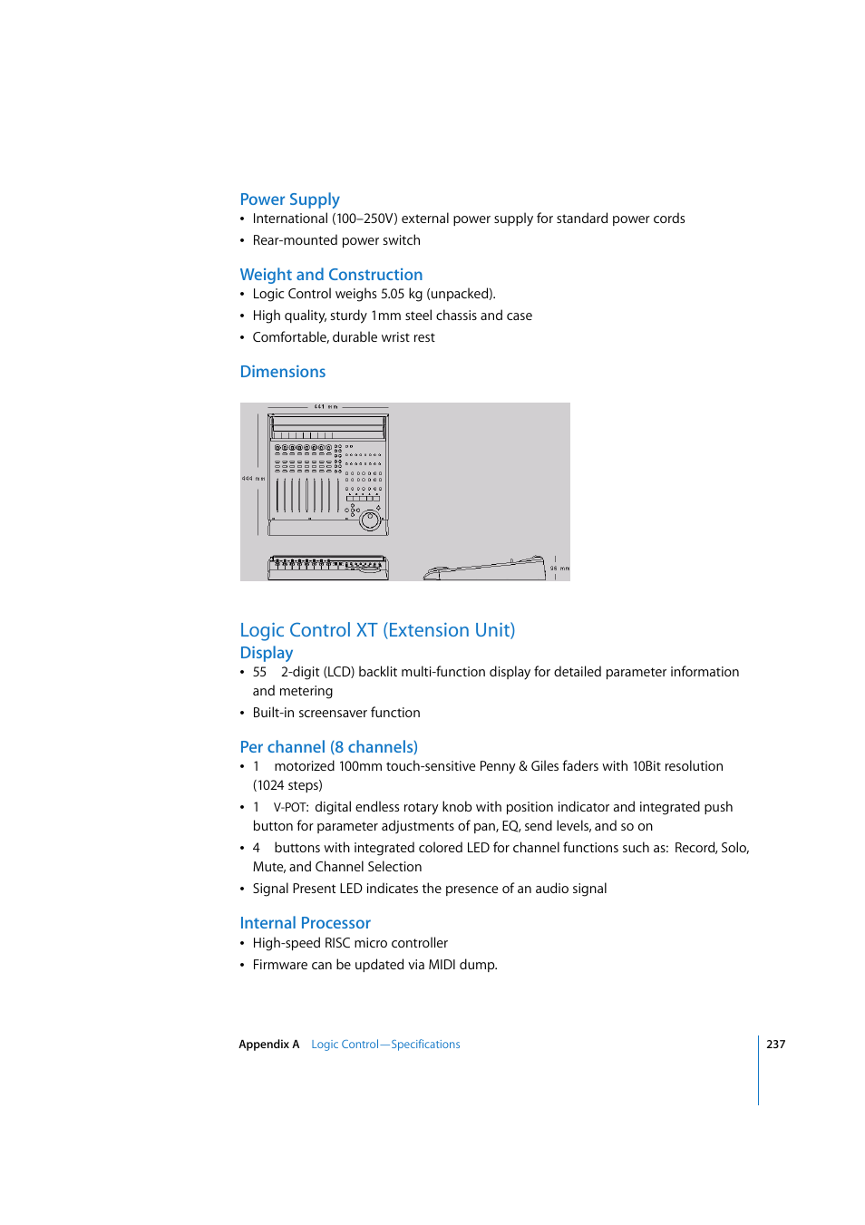 Power supply, Weight and construction, Dimensions | Logic control xt (extension unit), Display, Per channel (8 channels), Internal processor | Apple Logic 7 User Manual | Page 237 / 255