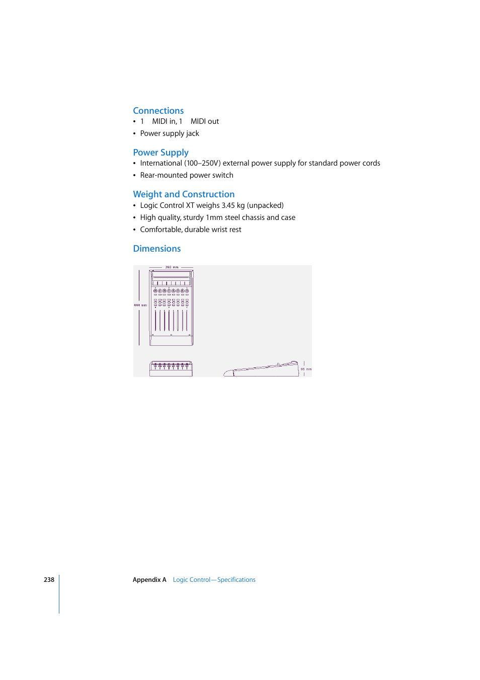 Connections, Power supply, Weight and construction | Dimensions | Apple Logic 7 User Manual | Page 238 / 255