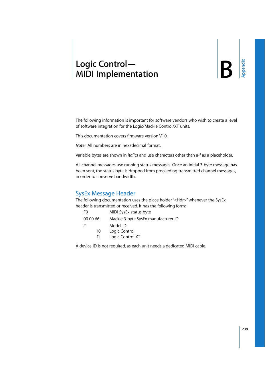 Logic control—midi implementation, Sysex message header, Appendix b | Logic control— midi implementation | Apple Logic 7 User Manual | Page 239 / 255