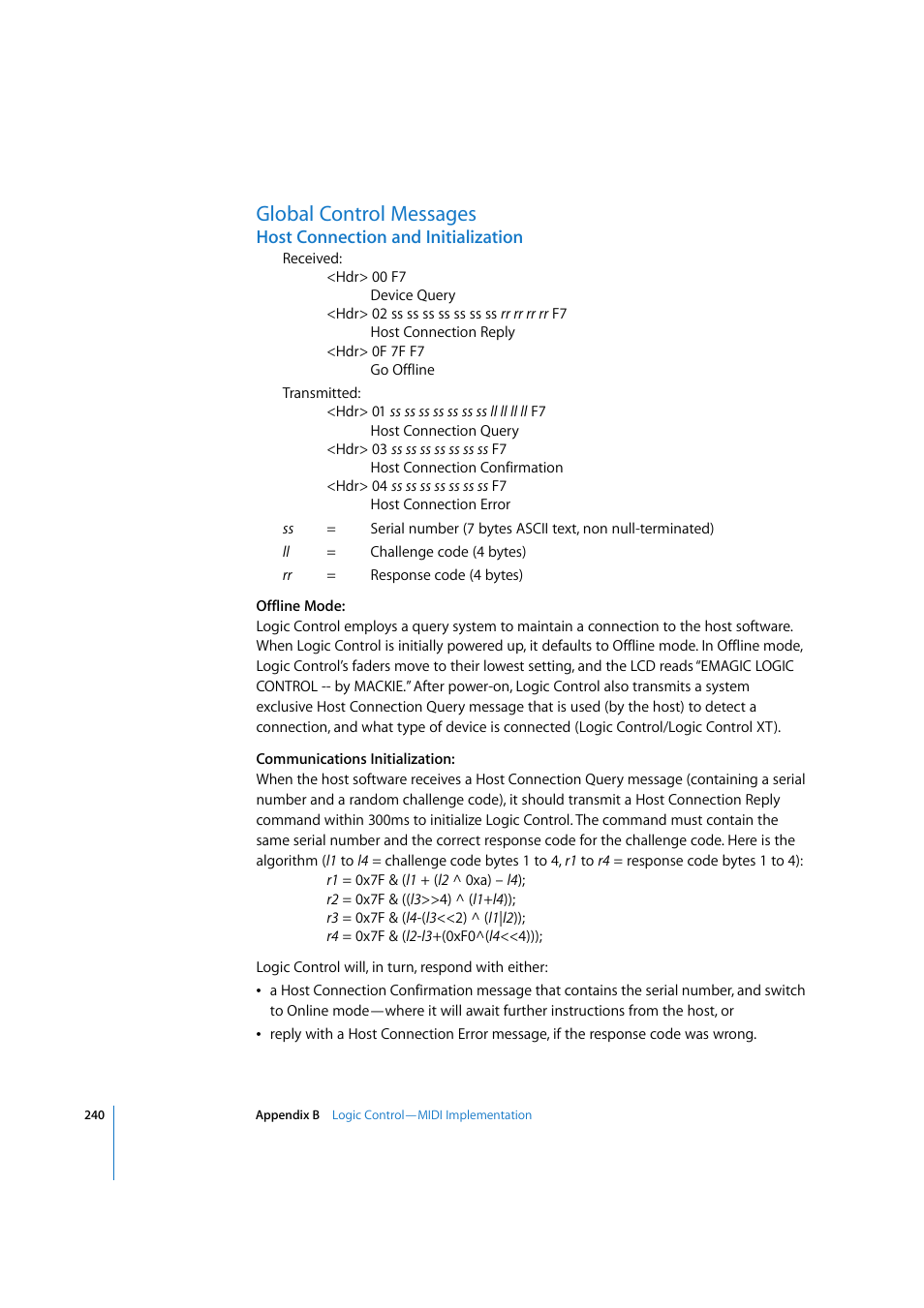 Global control messages, Host connection and initialization, Global | Apple Logic 7 User Manual | Page 240 / 255