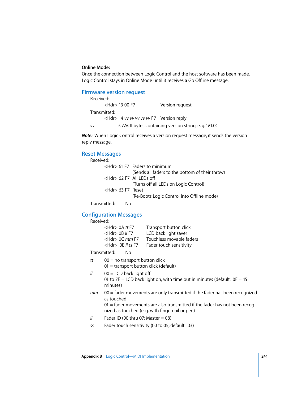 Firmware version request, Reset messages, Configuration messages | Apple Logic 7 User Manual | Page 241 / 255