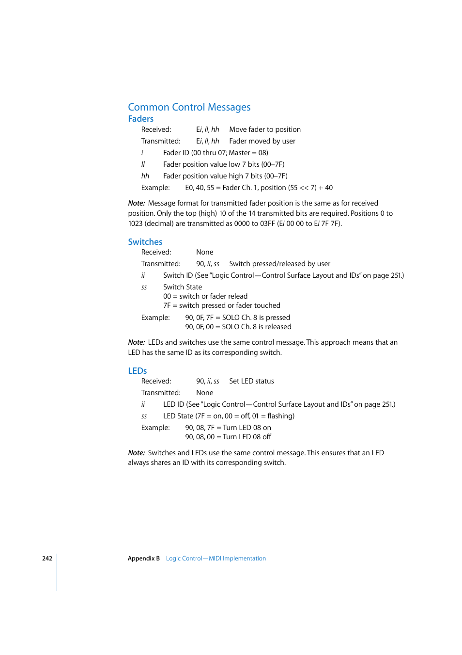 Common control messages, Faders, Switches | Leds | Apple Logic 7 User Manual | Page 242 / 255