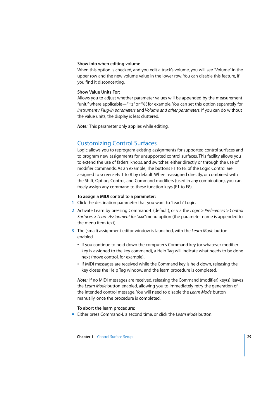 Customizing control surfaces | Apple Logic 7 User Manual | Page 29 / 255