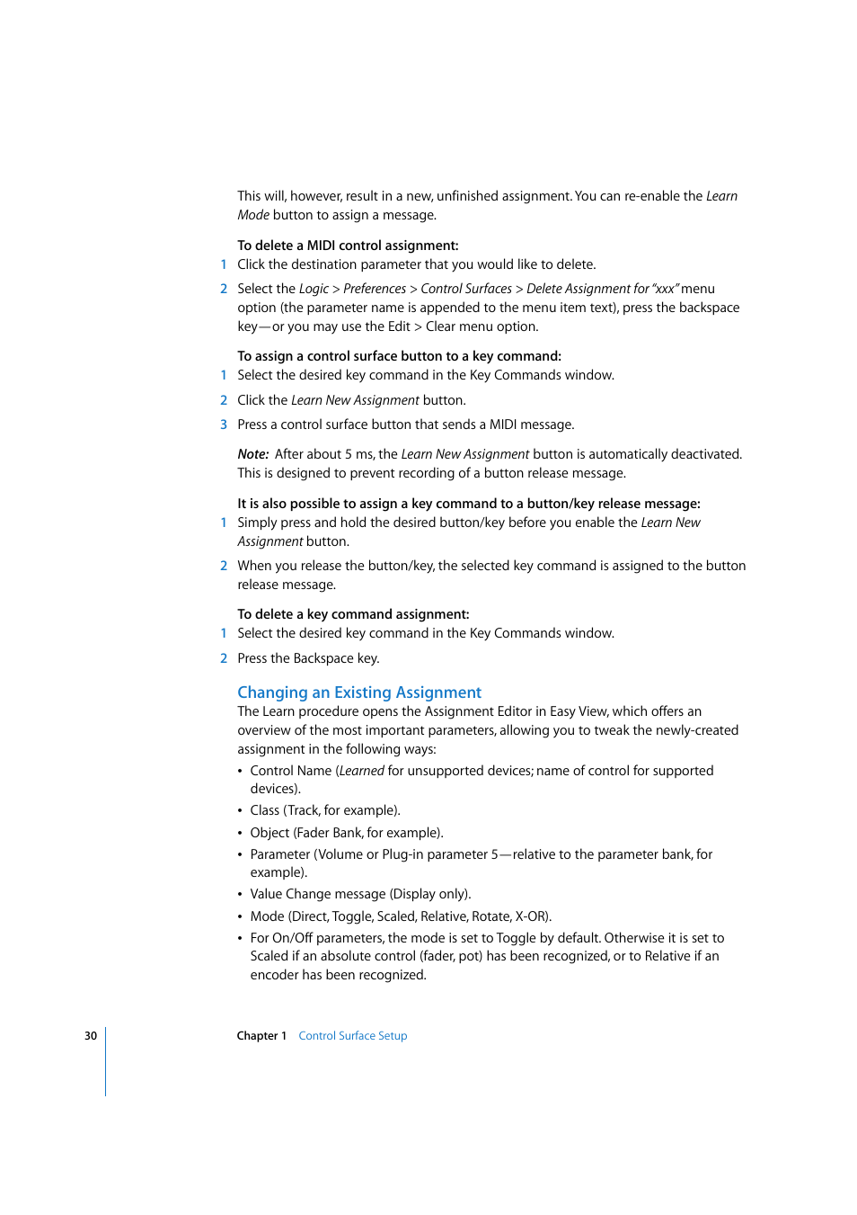 Changing an existing assignment | Apple Logic 7 User Manual | Page 30 / 255