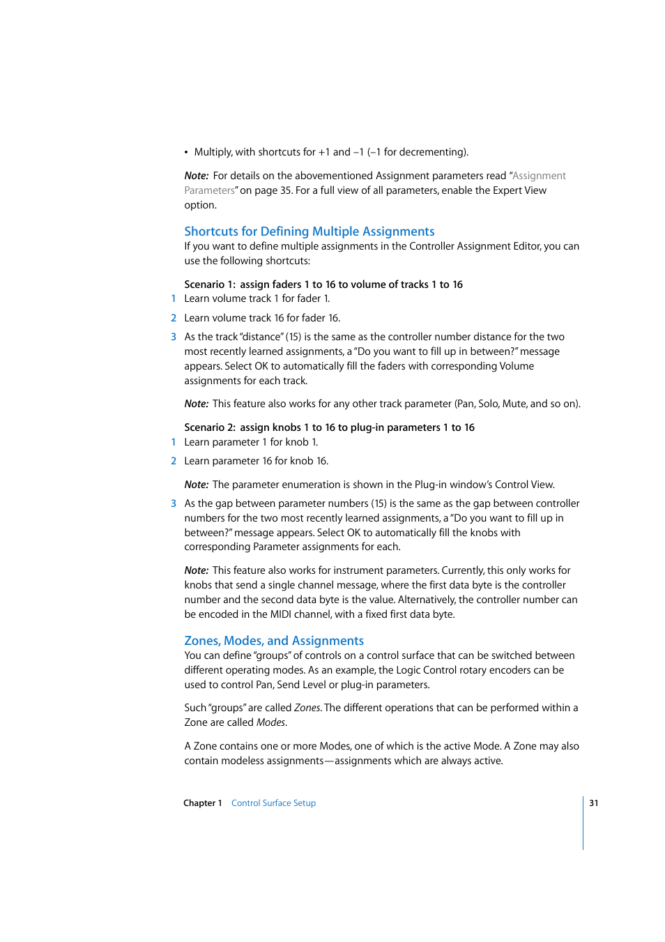 Shortcuts for defining multiple assignments, Zones, modes, and assignments | Apple Logic 7 User Manual | Page 31 / 255
