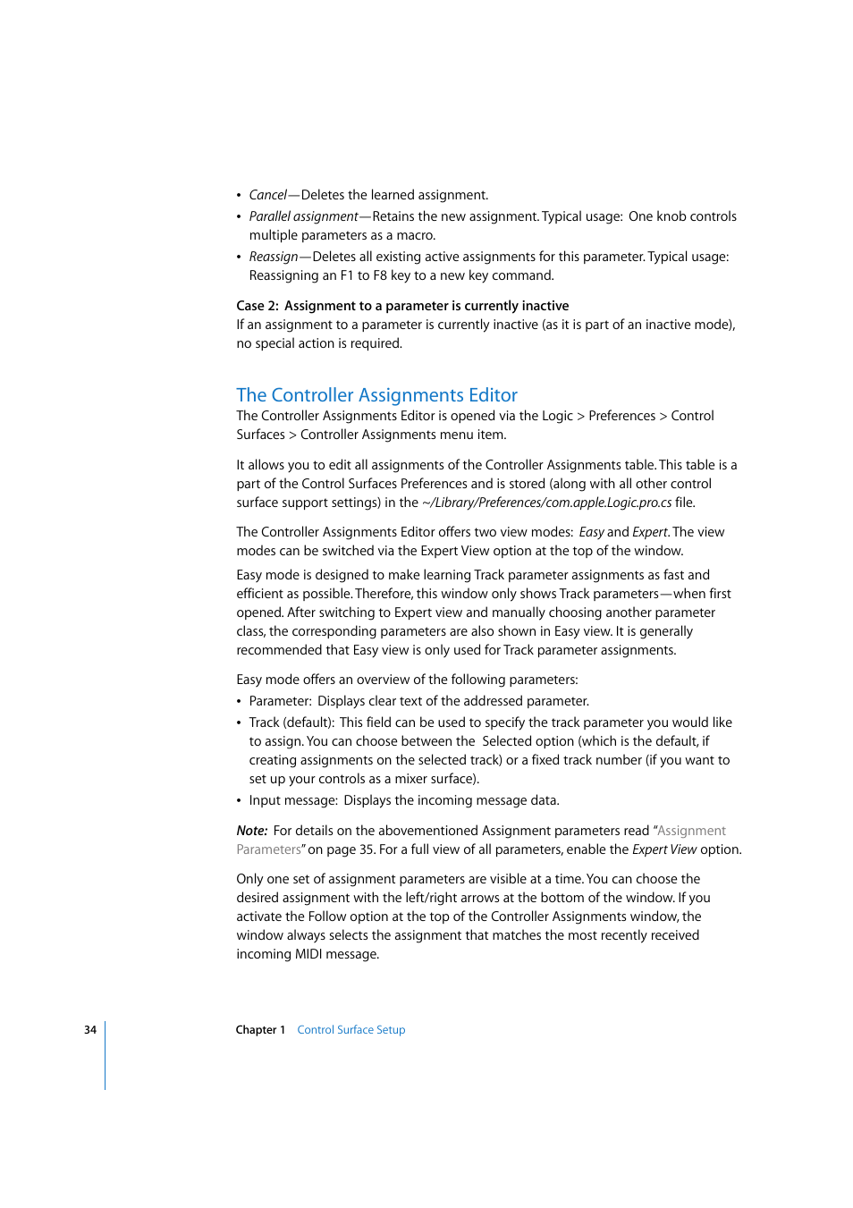 The controller assignments editor | Apple Logic 7 User Manual | Page 34 / 255