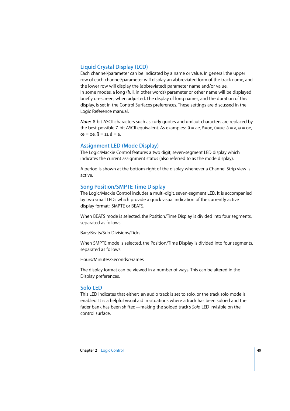 Liquid crystal display (lcd), Assignment led (mode display), Song position/smpte time display | Solo led | Apple Logic 7 User Manual | Page 49 / 255
