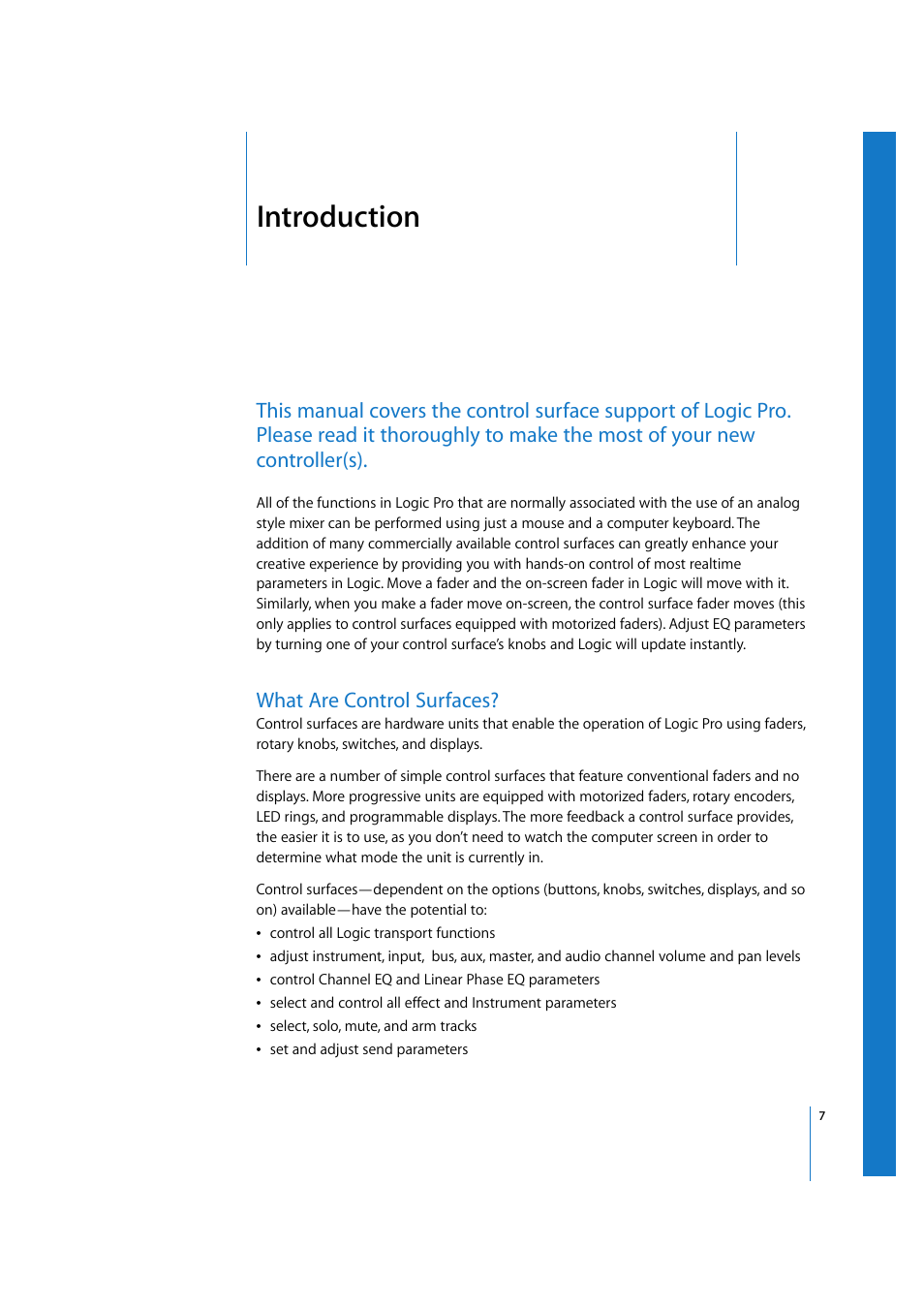 Introduction, What are control surfaces, Preface | What | Apple Logic 7 User Manual | Page 7 / 255