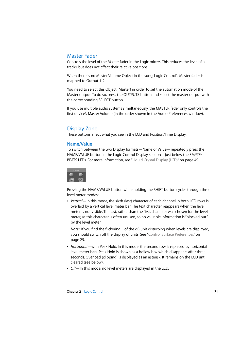 Master fader, Display zone, Name/value | Display, Zone | Apple Logic 7 User Manual | Page 71 / 255