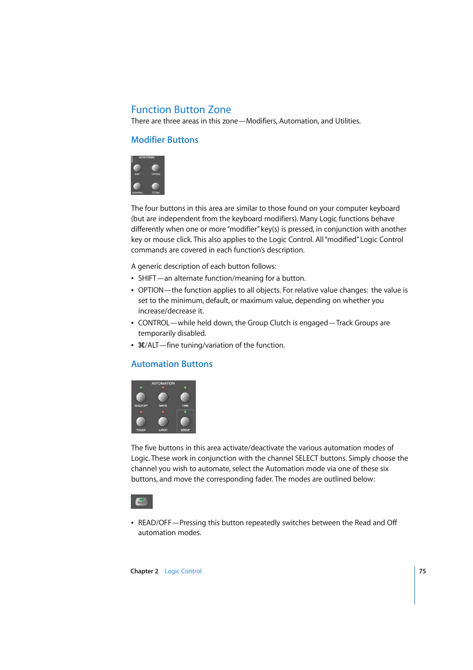Function button zone, Modifier buttons, Automation buttons | Apple Logic 7 User Manual | Page 75 / 255