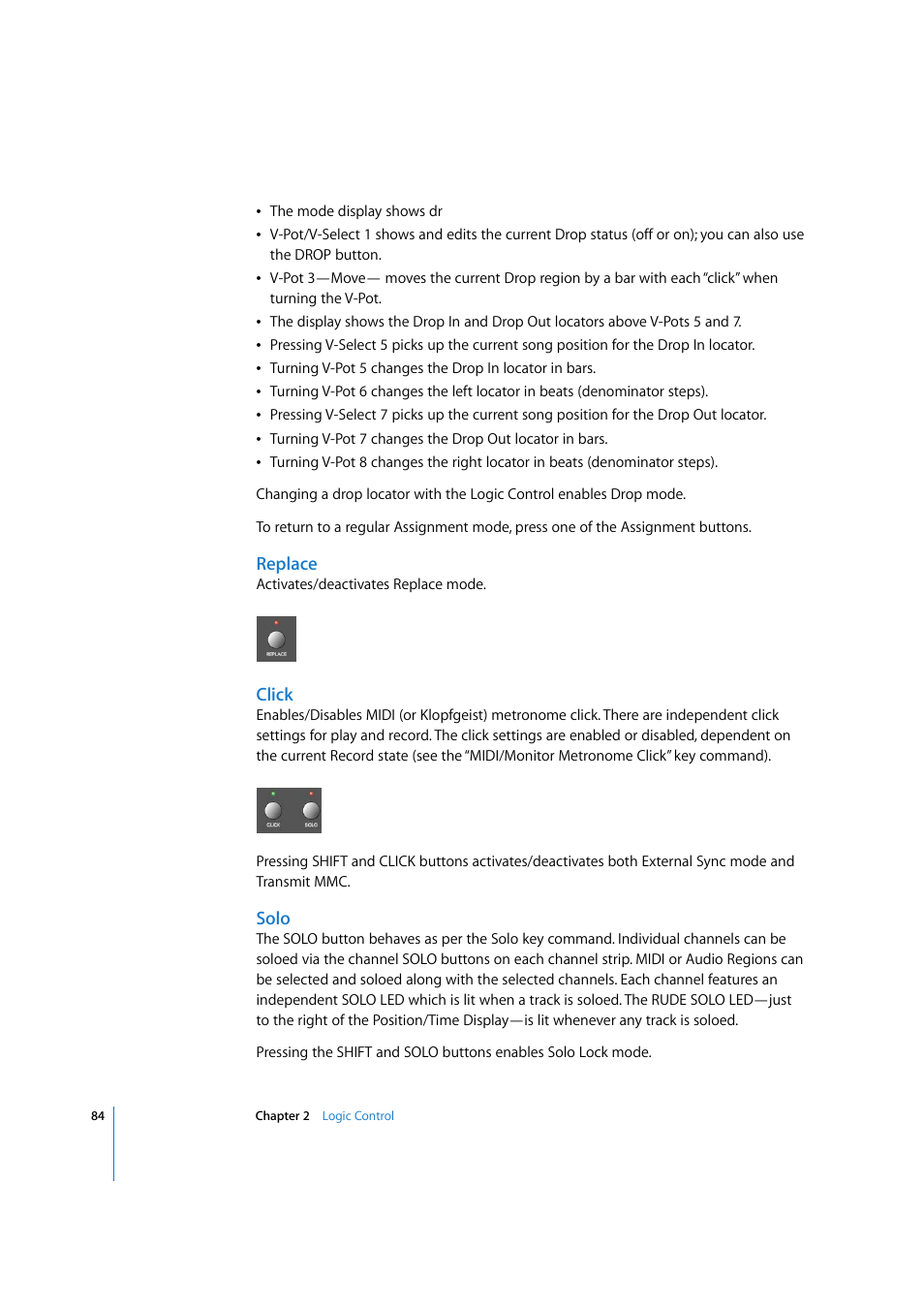 Replace, Click, Solo | Apple Logic 7 User Manual | Page 84 / 255