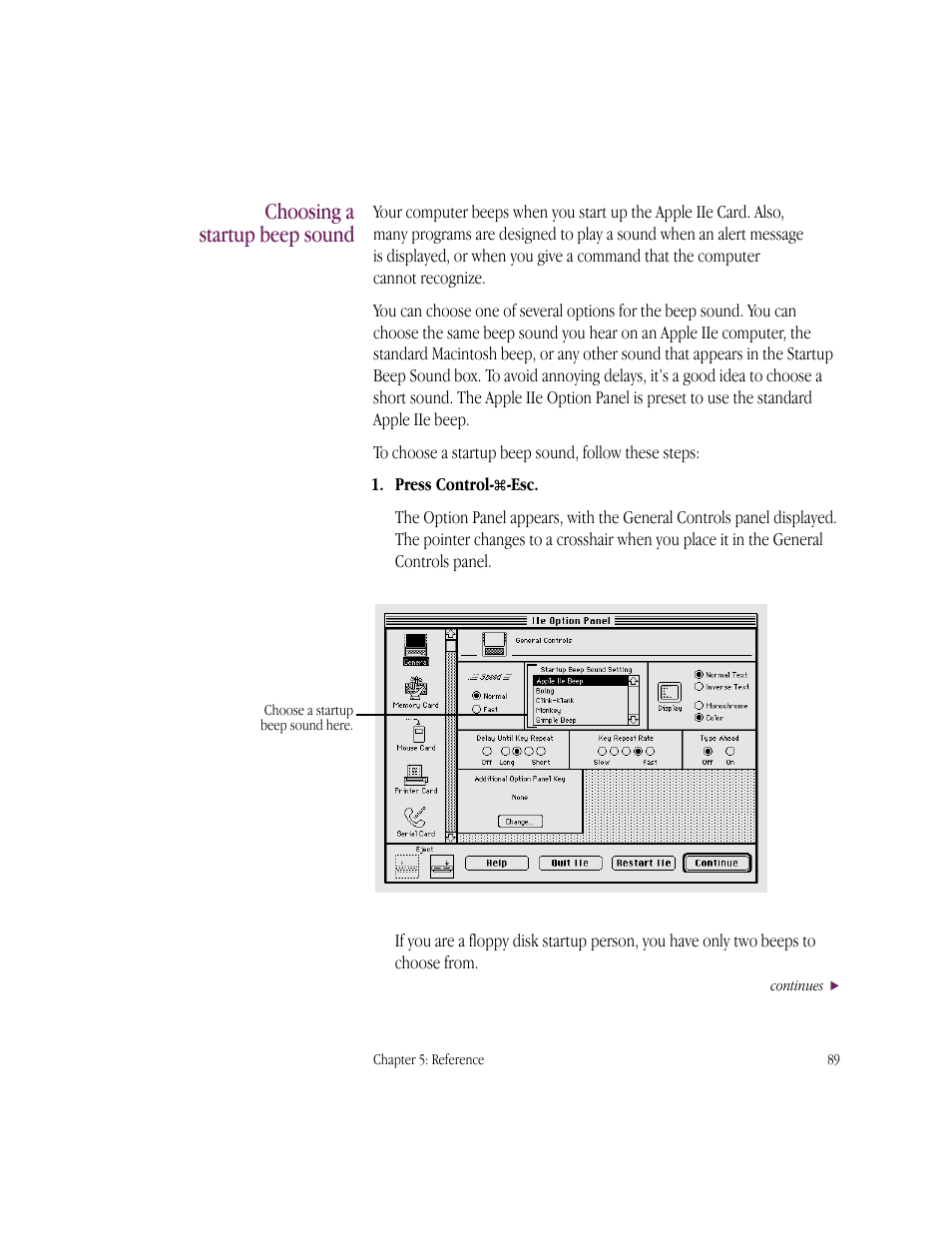 Choosing a startup beep sound | Apple IIe Card User Manual | Page 105 / 198