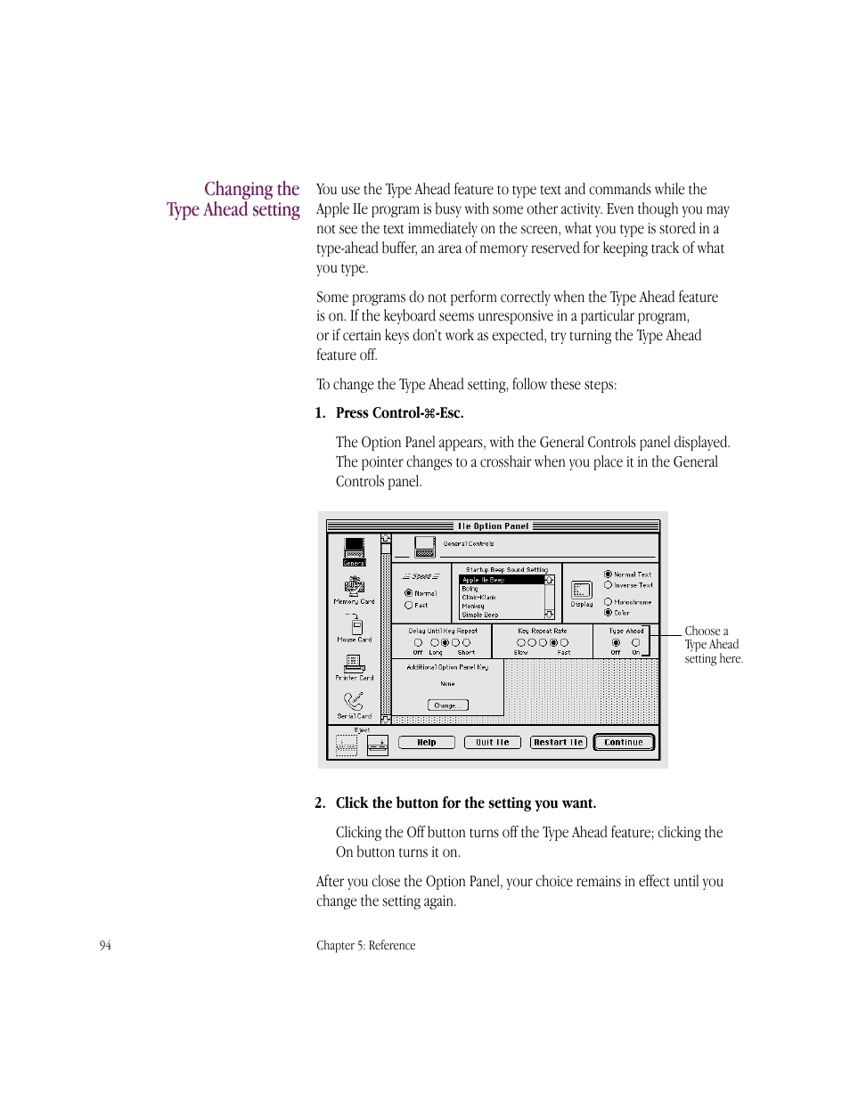 Changing the type ahead setting | Apple IIe Card User Manual | Page 110 / 198