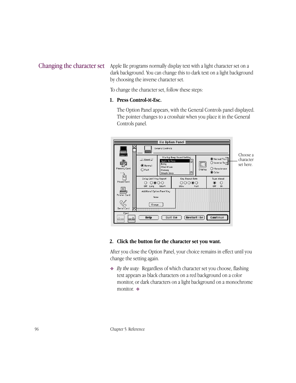 Changing the character set | Apple IIe Card User Manual | Page 112 / 198