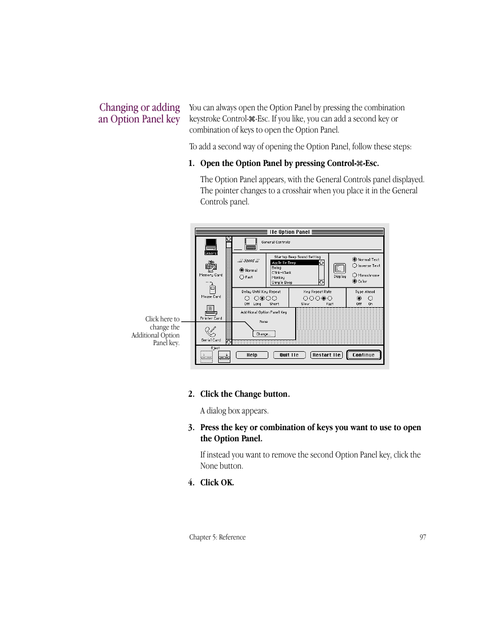 Changing or adding an option panel key | Apple IIe Card User Manual | Page 113 / 198