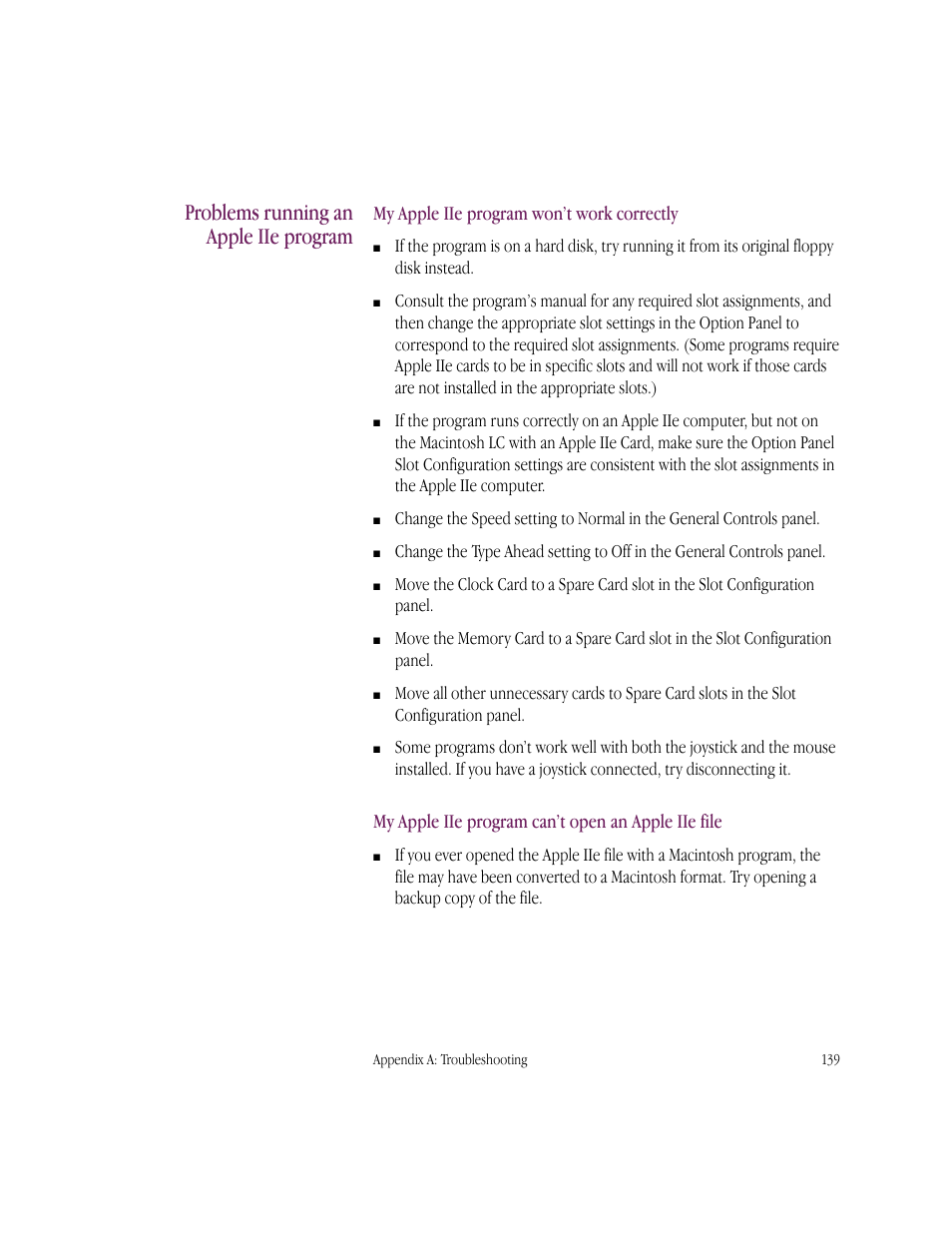 Problems running an apple iie program, My apple iie program won’t work correctly, My apple iie program can’t open an apple iie file | Apple IIe Card User Manual | Page 155 / 198