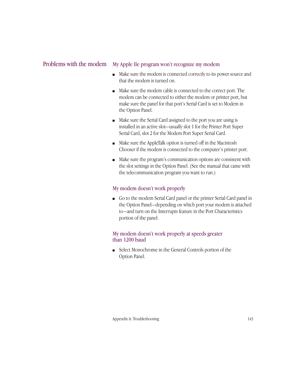 Problems with the modem, My apple iie program won’t recognize my modem, My modem doesn’t work properly | Apple IIe Card User Manual | Page 159 / 198