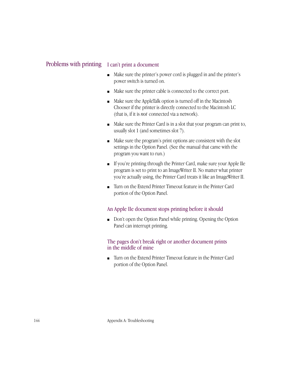 Problems with printing, I can’t print a document | Apple IIe Card User Manual | Page 160 / 198