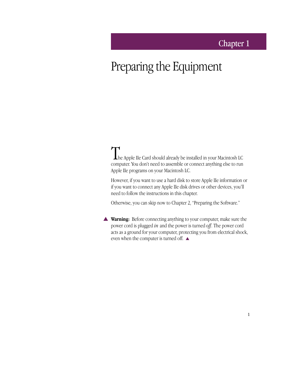 Preparing the equipment, Chapter 1 | Apple IIe Card User Manual | Page 17 / 198