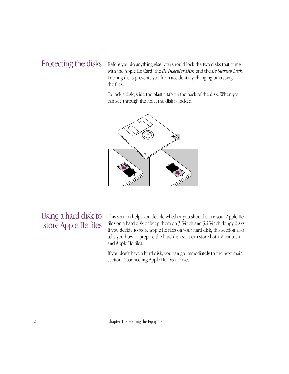 Using a hard disk to store apple iie files, Protecting the disks | Apple IIe Card User Manual | Page 18 / 198