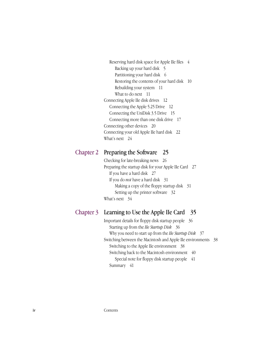 Preparing the software 25, Learning to use the apple iie card 35, Chapter 3 chapter 2 | Apple IIe Card User Manual | Page 4 / 198