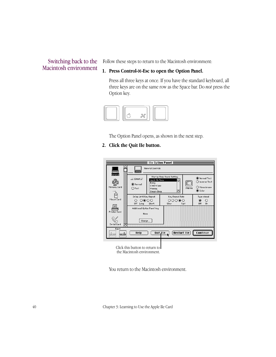 Switching back to the macintosh environment | Apple IIe Card User Manual | Page 56 / 198