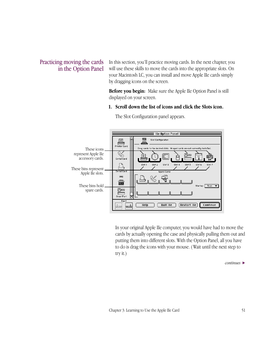 Practicing moving the cards in the option panel | Apple IIe Card User Manual | Page 67 / 198