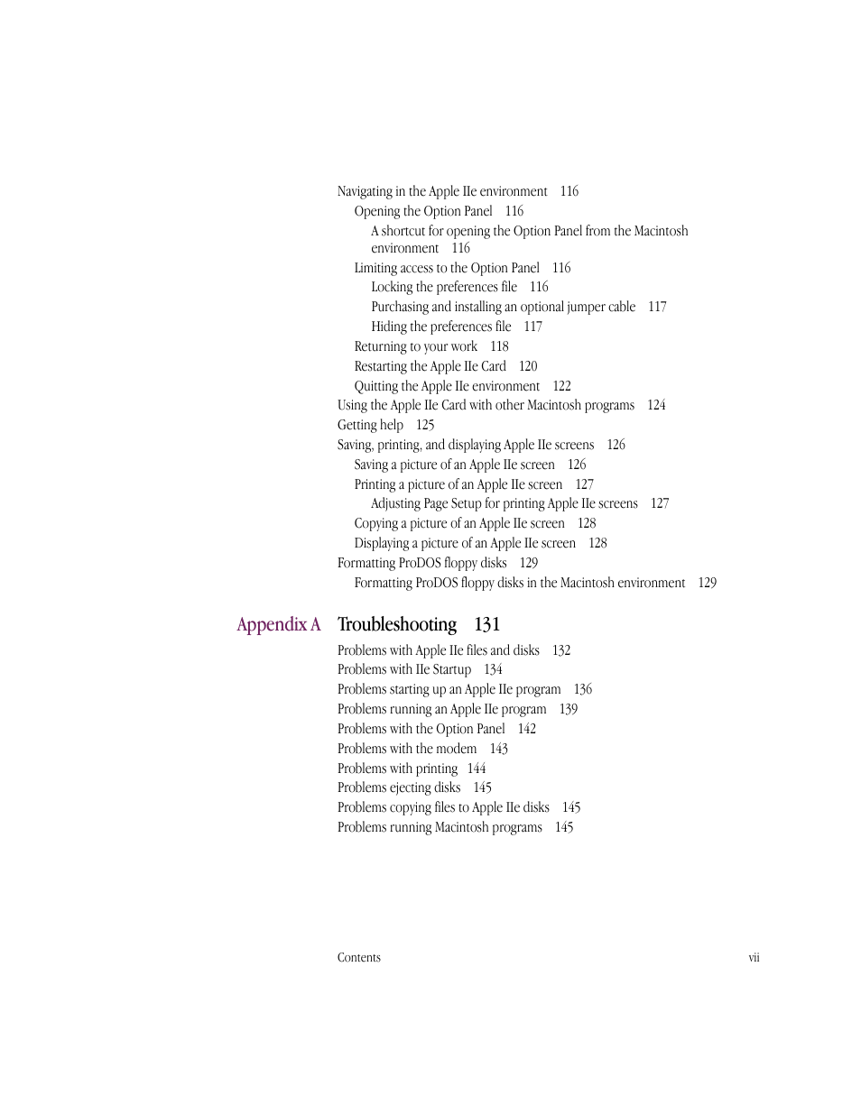 Troubleshooting 131, Appendix a | Apple IIe Card User Manual | Page 7 / 198