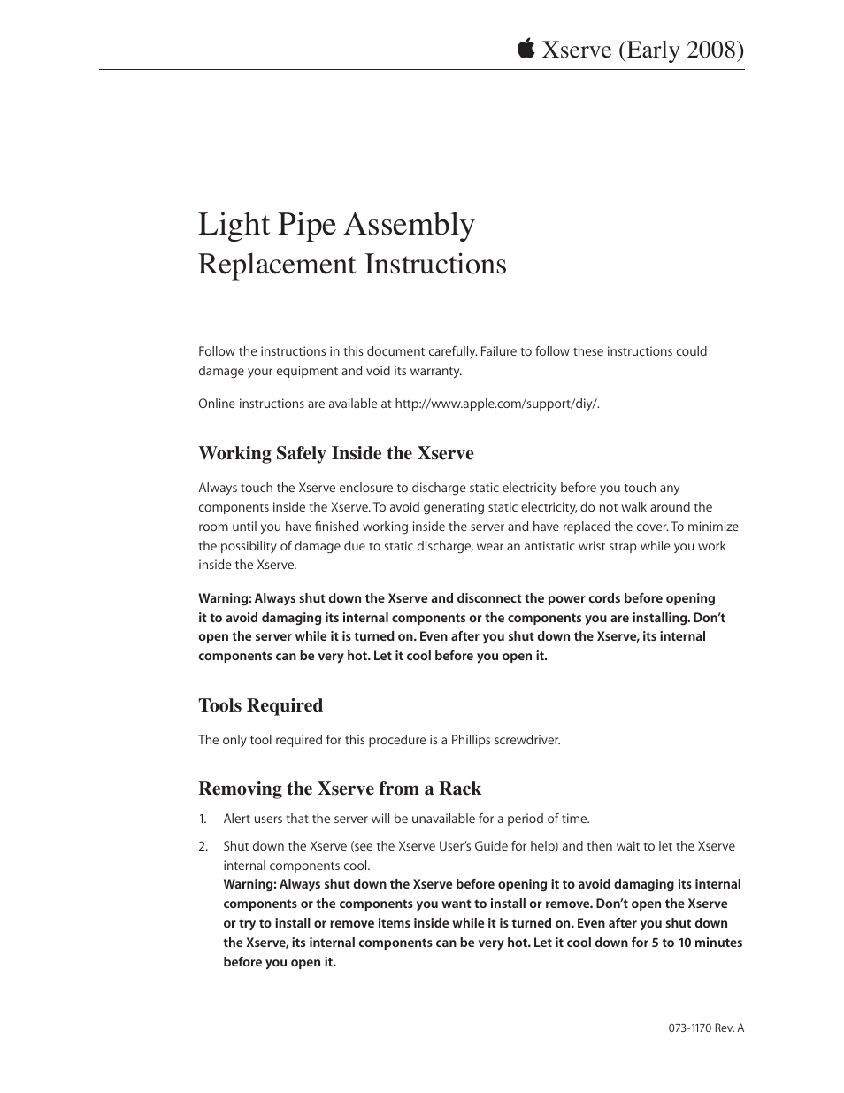 Apple Xserve (Early 2008) DIY Procedure for Light Pipe Assembly User Manual | 6 pages