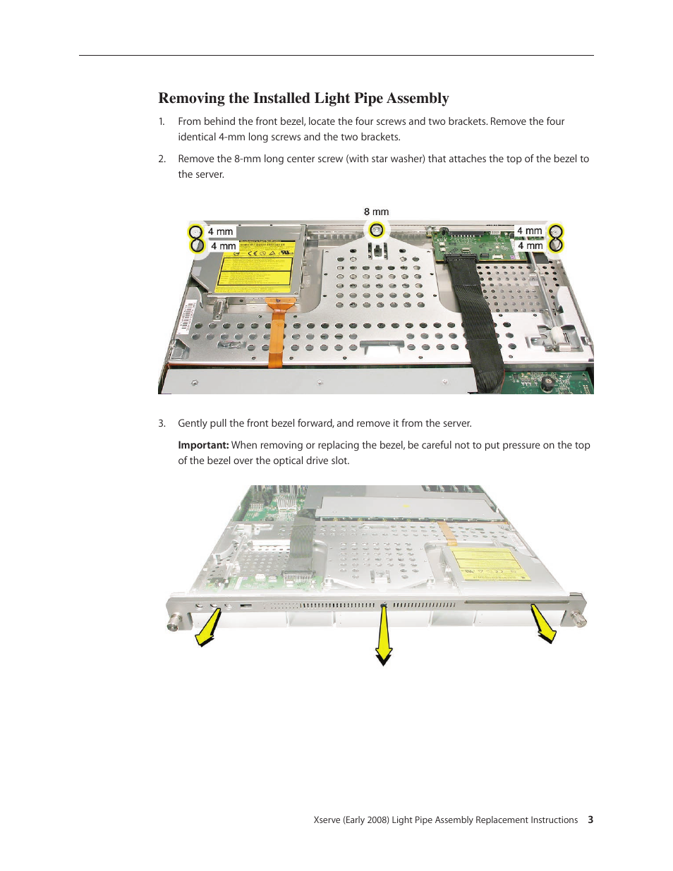 Removing the installed light pipe assembly | Apple Xserve (Early 2008) DIY Procedure for Light Pipe Assembly User Manual | Page 3 / 6