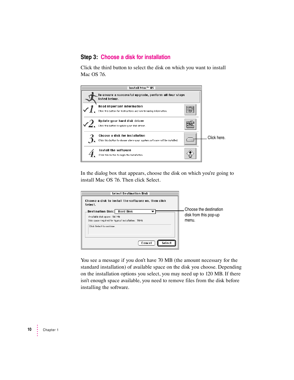 Step 3: choose a disk for installation | Apple Mac OS 7.6 User Manual | Page 10 / 55