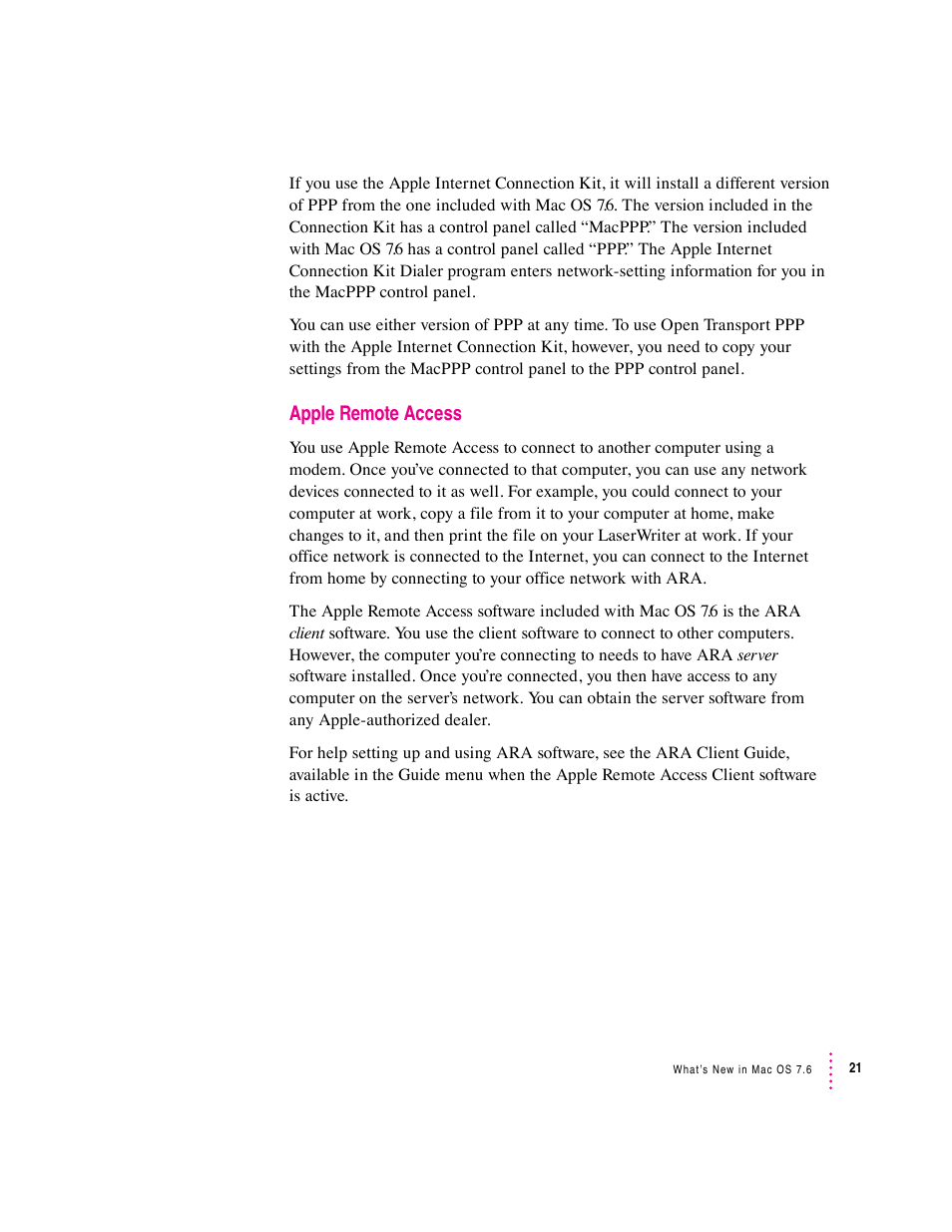 Apple remote access | Apple Mac OS 7.6 User Manual | Page 21 / 55