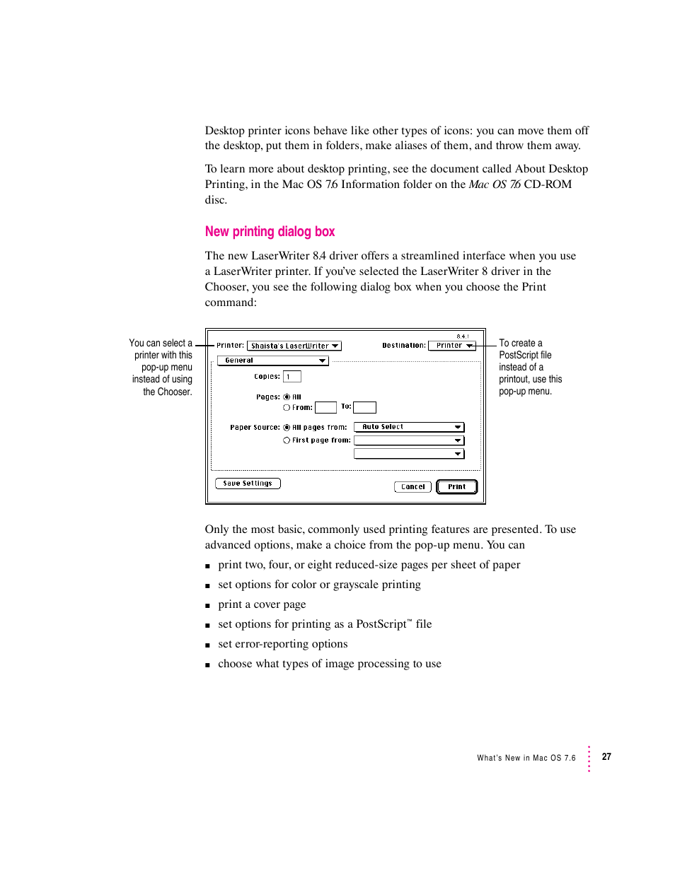 New printing dialog box | Apple Mac OS 7.6 User Manual | Page 27 / 55