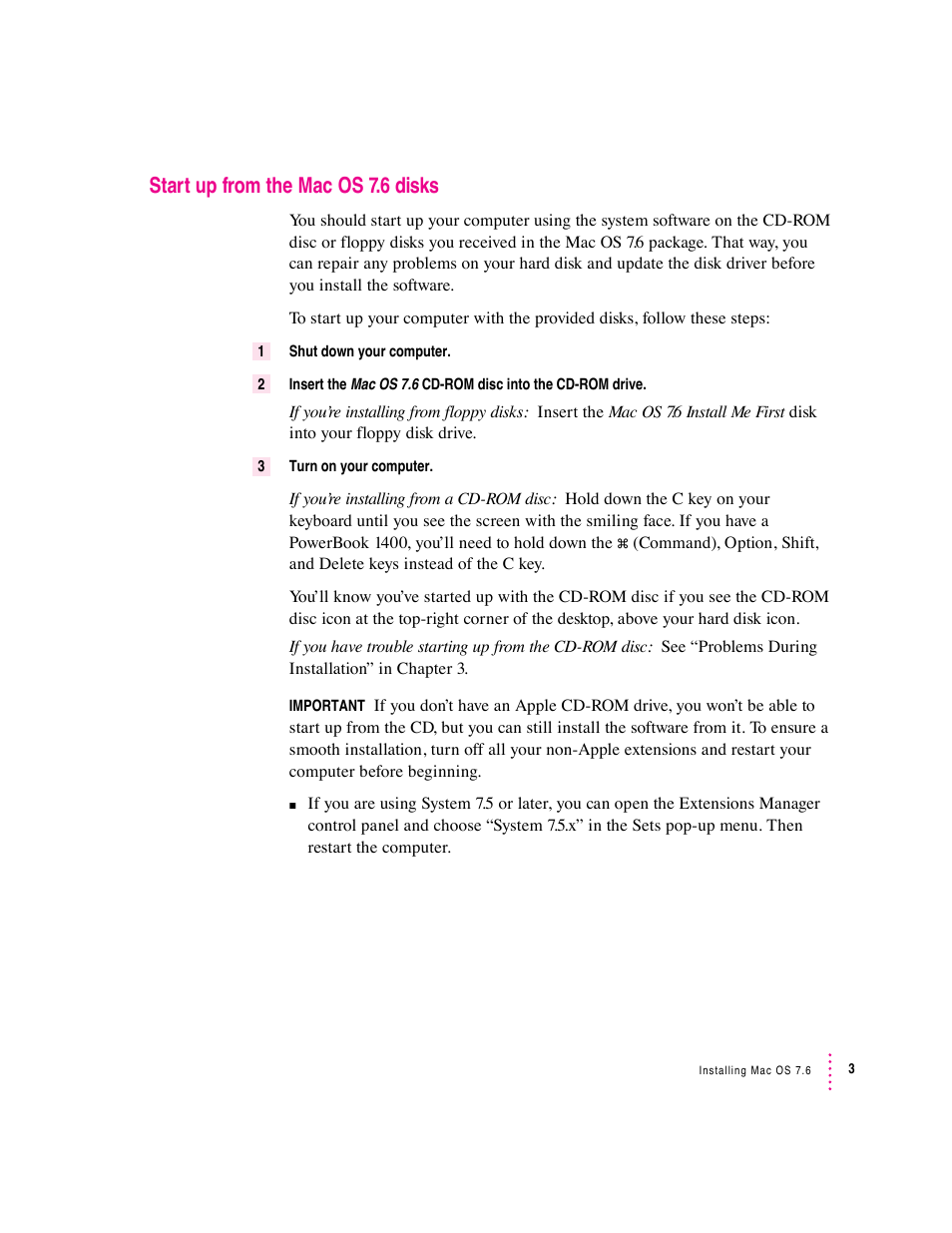 Start up from the mac os 7.6 disks | Apple Mac OS 7.6 User Manual | Page 3 / 55