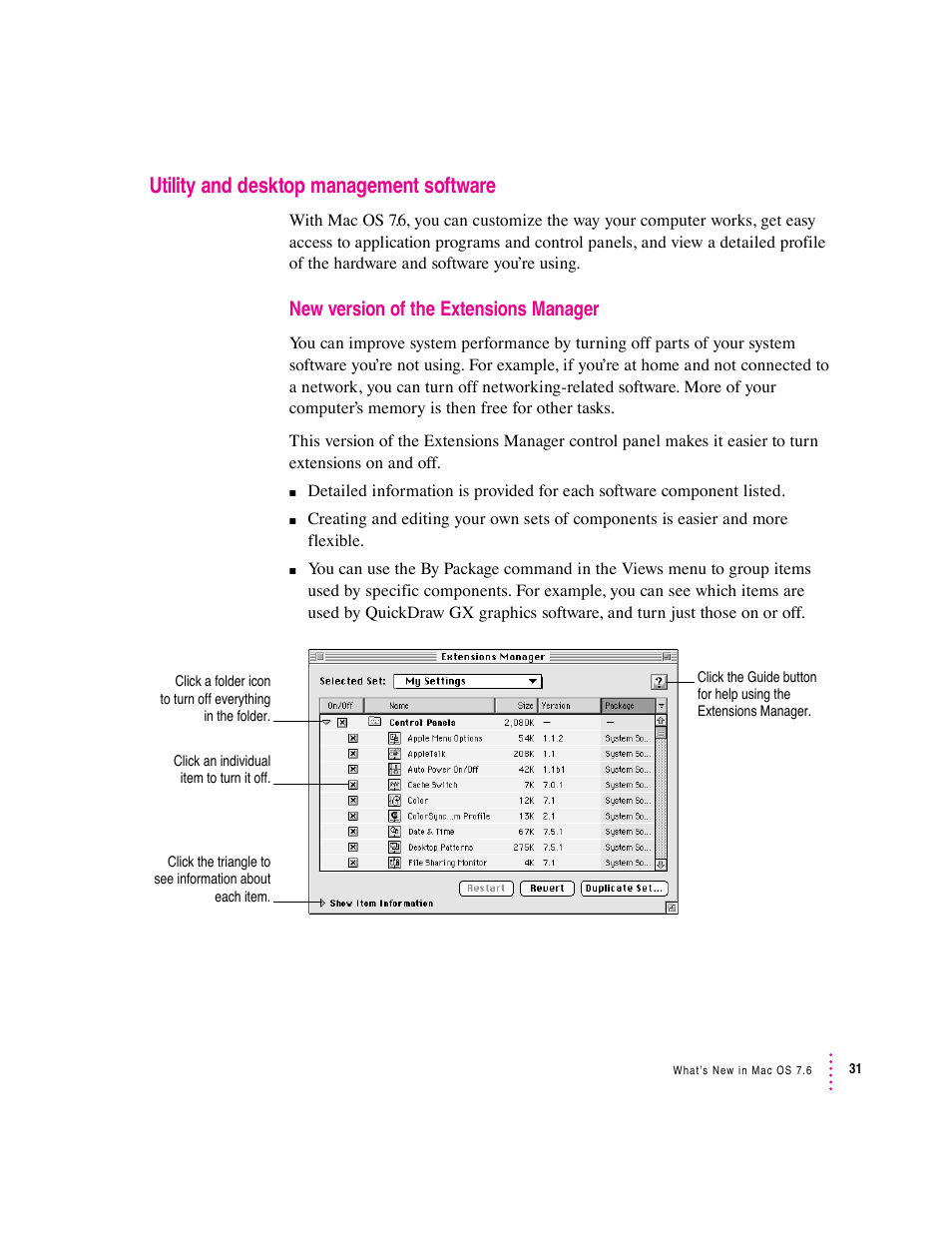 Utility and desktop management software, New version of the extensions manager | Apple Mac OS 7.6 User Manual | Page 31 / 55