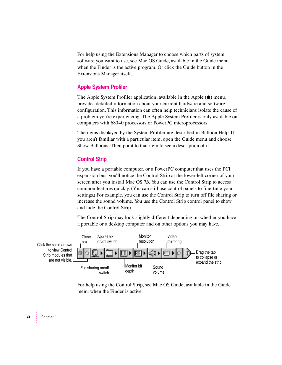 Apple system profiler, Control strip | Apple Mac OS 7.6 User Manual | Page 32 / 55