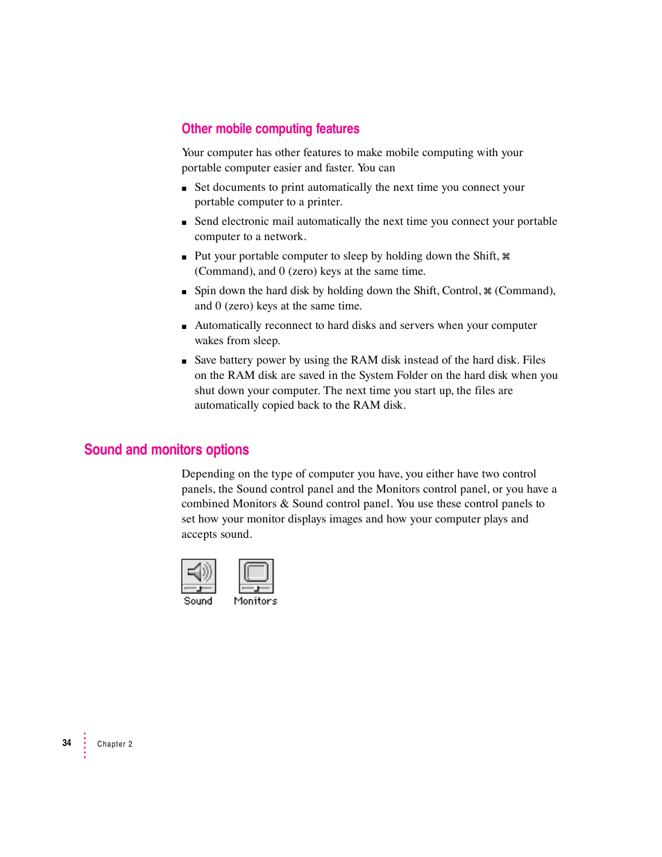 Sound and monitors options | Apple Mac OS 7.6 User Manual | Page 34 / 55