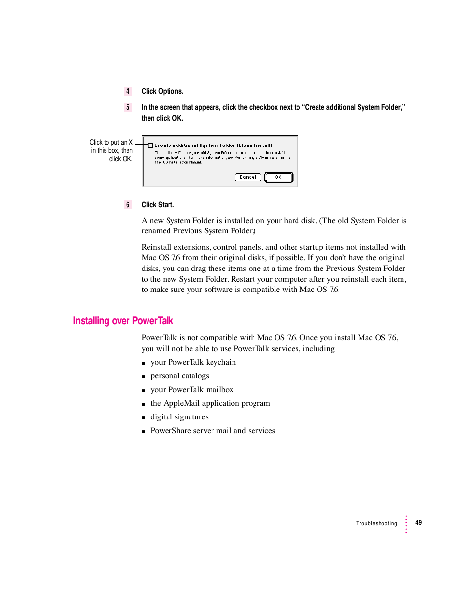 Installing over powertalk | Apple Mac OS 7.6 User Manual | Page 49 / 55