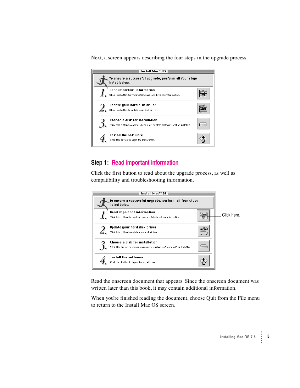 Step 1: read important information | Apple Mac OS 7.6 User Manual | Page 5 / 55