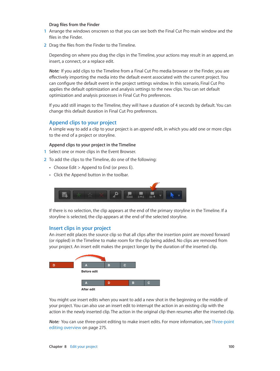 Append clips to your project, Insert clips in your project | Apple Final Cut Pro X (10.0.9) User Manual | Page 100 / 476