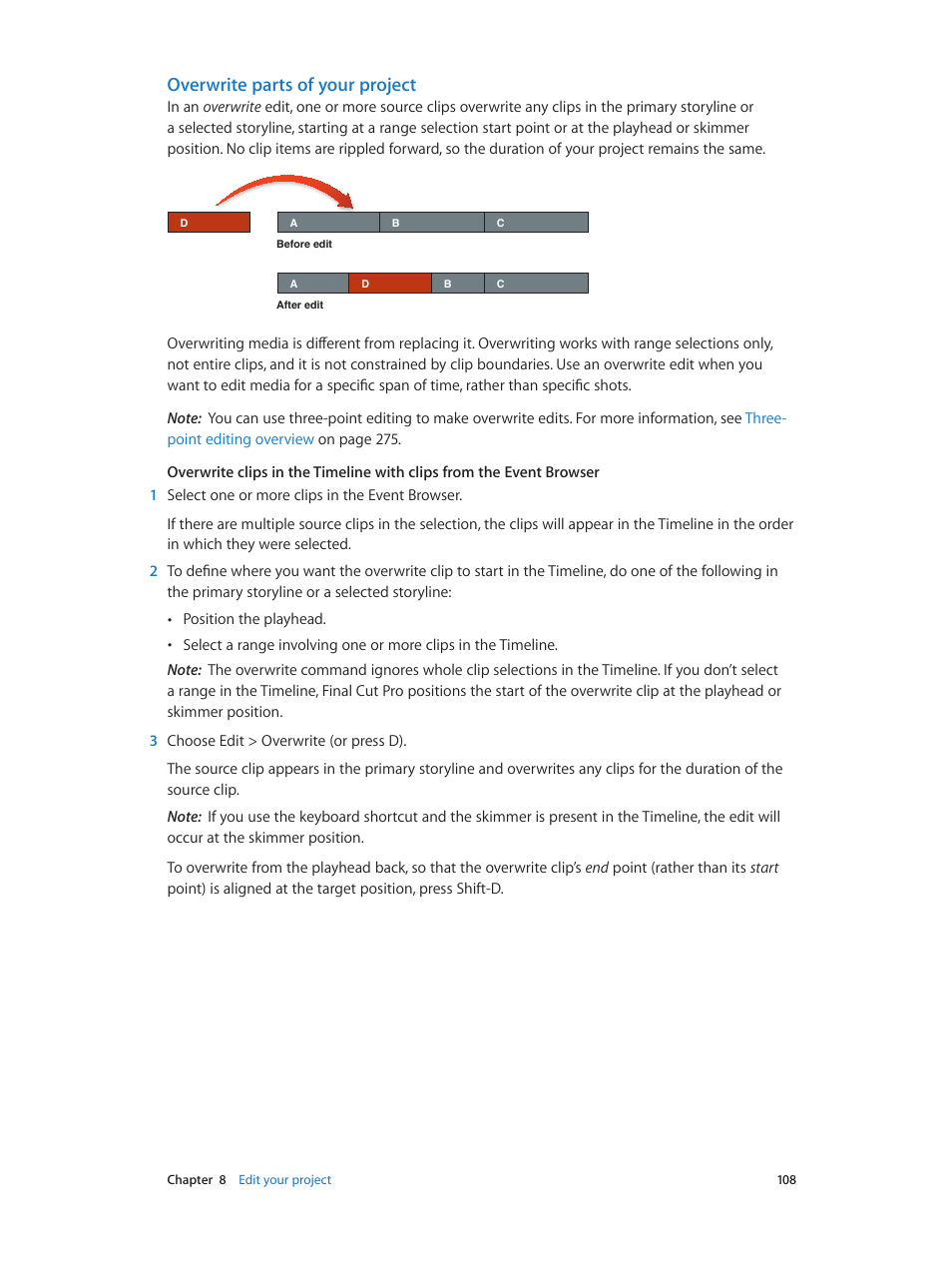 Overwrite parts of your project | Apple Final Cut Pro X (10.0.9) User Manual | Page 108 / 476