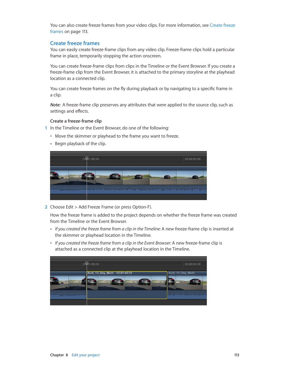 Create freeze frames | Apple Final Cut Pro X (10.0.9) User Manual | Page 113 / 476