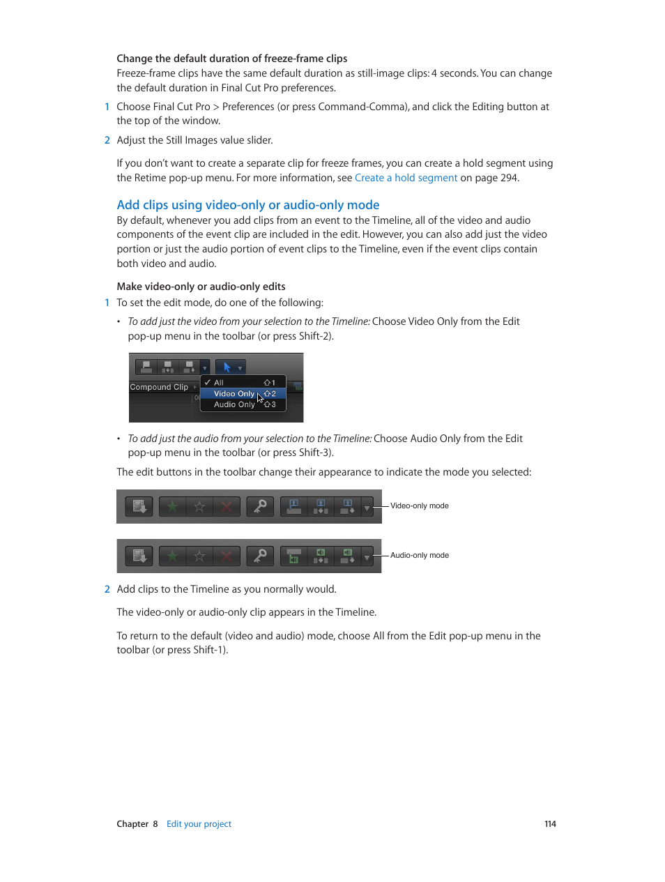 Add clips using video-only or audio-only mode | Apple Final Cut Pro X (10.0.9) User Manual | Page 114 / 476