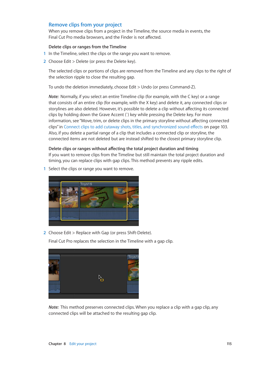 Remove clips from your project, Remove, Clips from your project | Remove clips from your, Project | Apple Final Cut Pro X (10.0.9) User Manual | Page 115 / 476